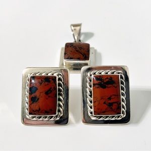 Sterling Silver .925 ATI Mexico Earrings and Pendant SET Mahogany Obsidian